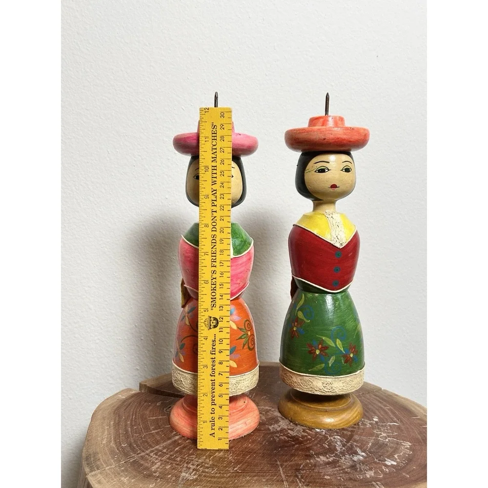 VTG Hand Painted Multicolor‎ Wooden Mexican Folk Art Dolls Candle Holders Set 2